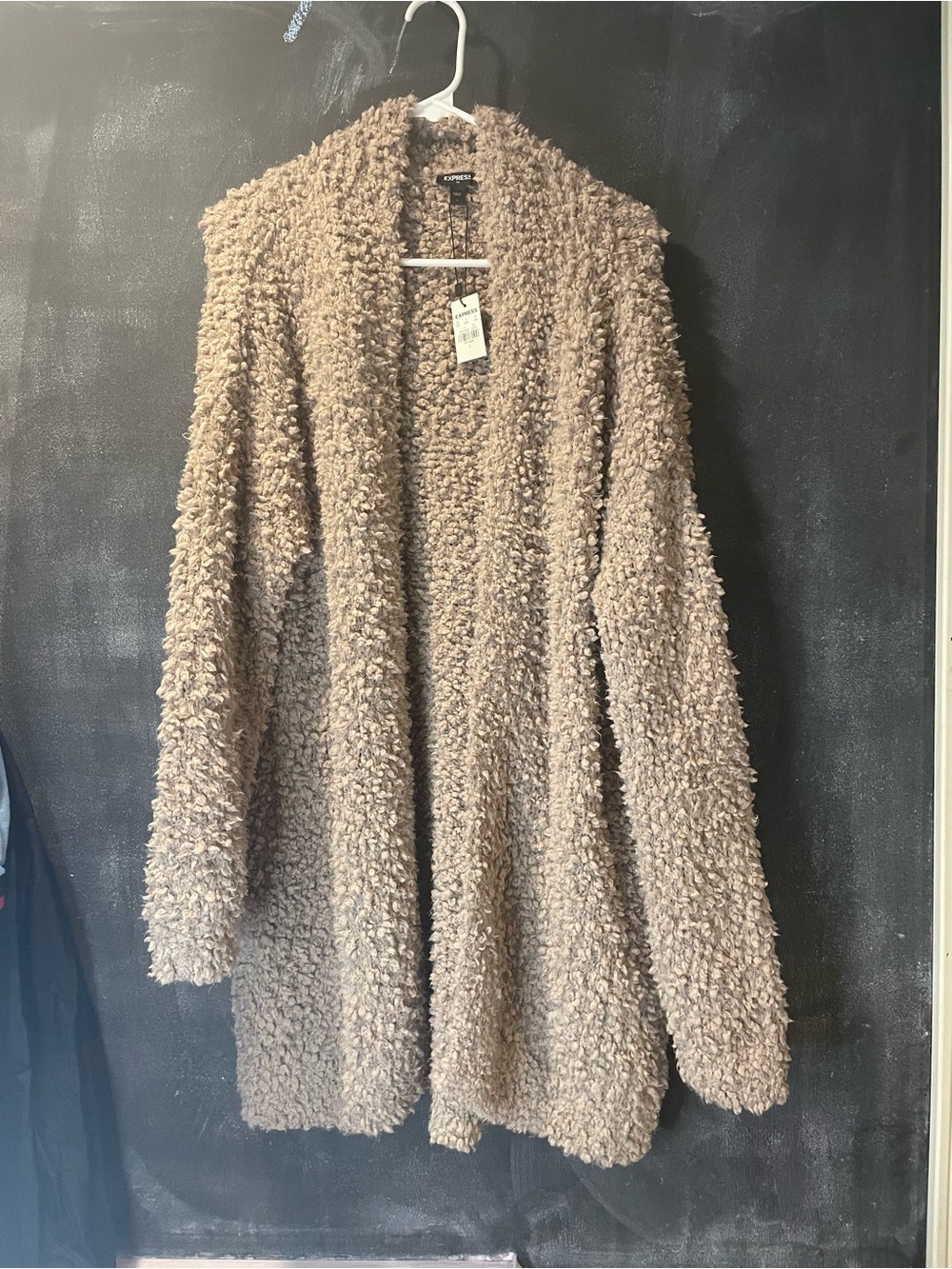 Express NWT Teddy Boucle Open Front Long Cardigan Coat Taupe Beige Size L